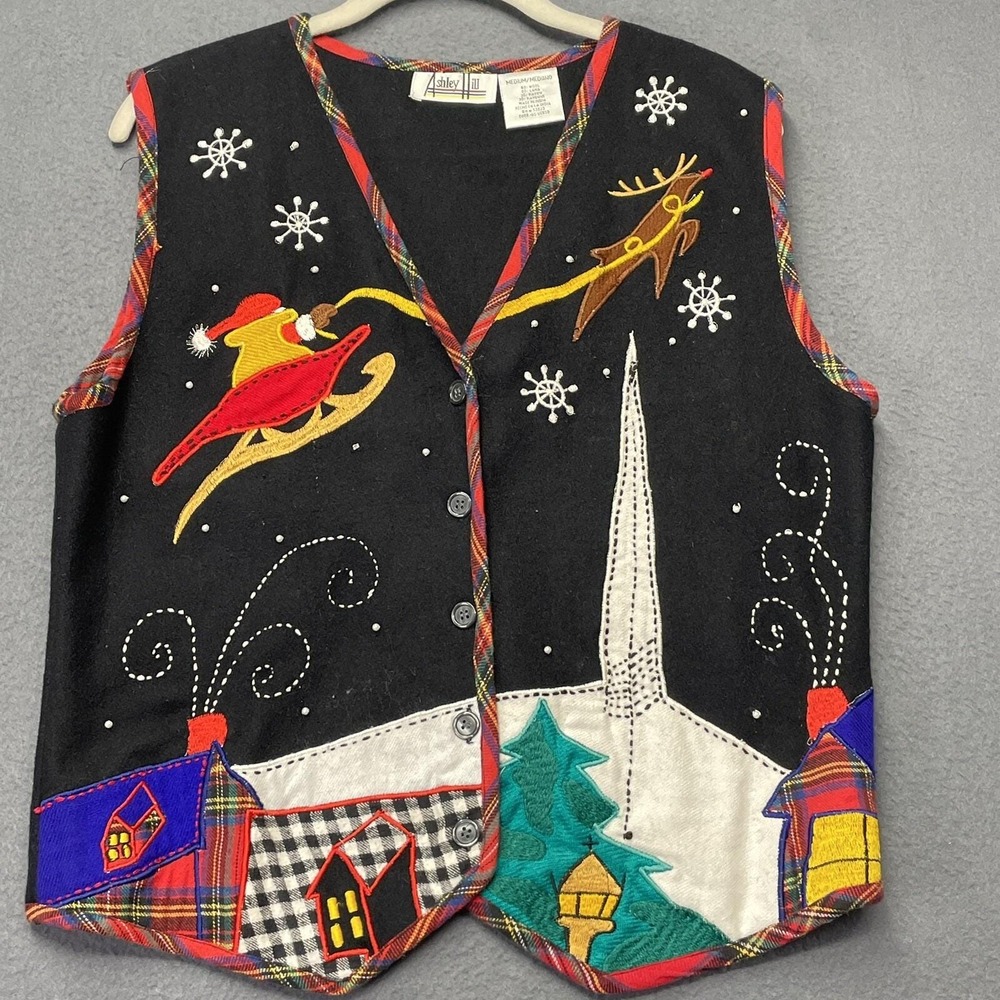 Vtg Ashley Hill Christmas Vest Ugly Sweater Wool Embellished‎ Santa Reindeer